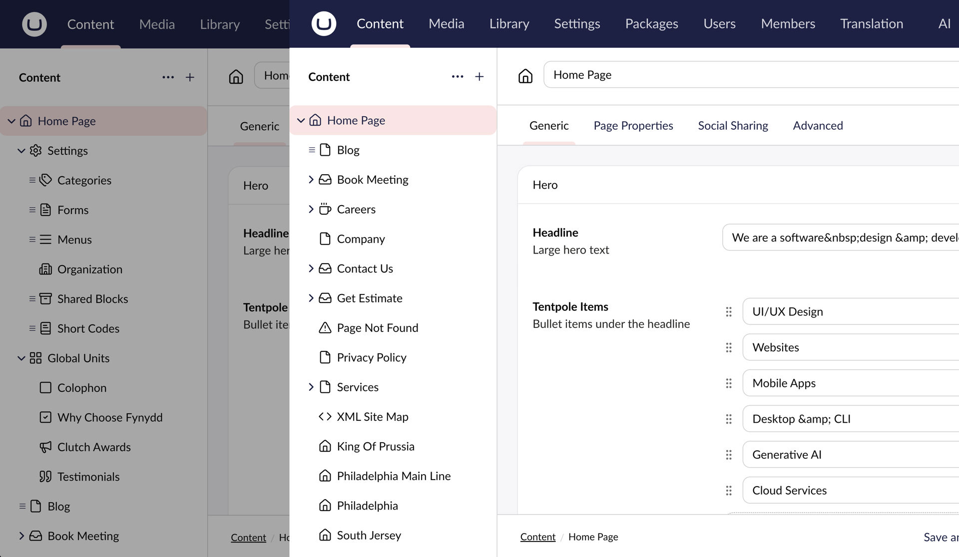 Settings and Global Units are now in the Library, leaving more content tree space for web pages.