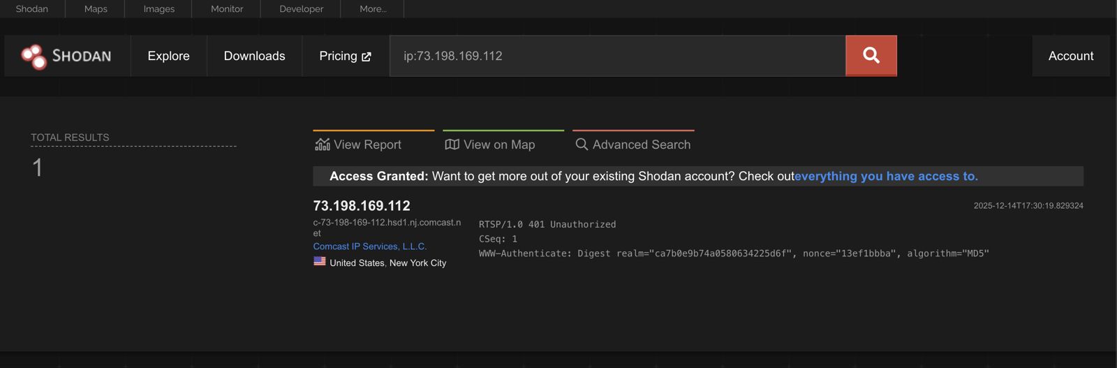 This IP address has an RTSP service port open to the world.