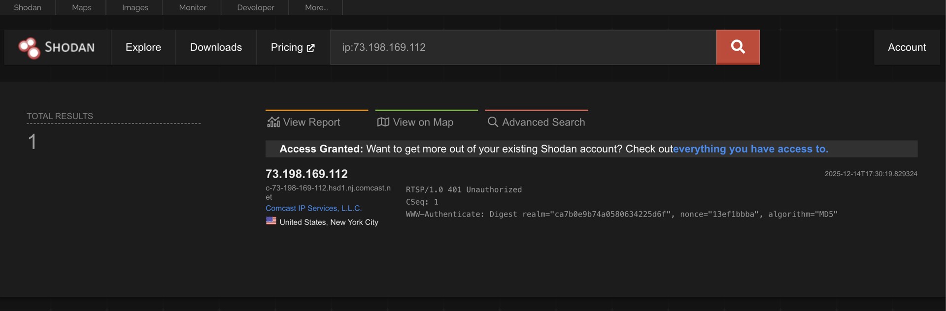 This IP address has an RTSP service port open to the world.